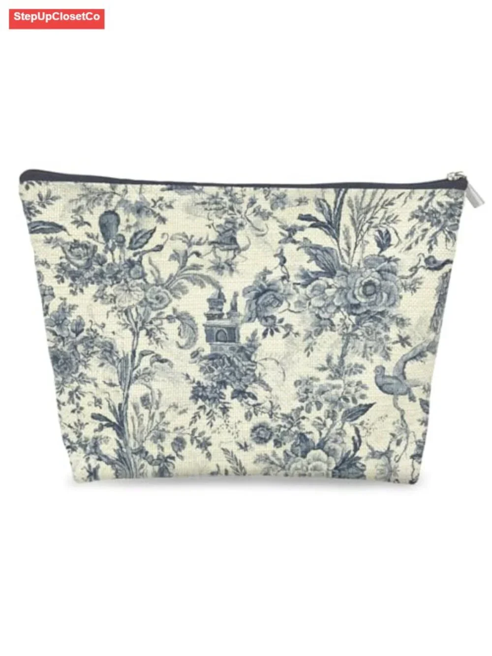 Linen Blue White Floral Cosmetic Pouch Makeup Bag Travel Toiletry Linen